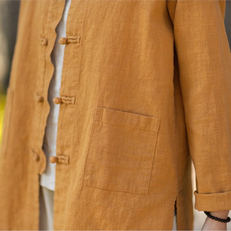 Johnature Women Vintage Shirts Stand Long Sleeve Tops Spring Chinese Style Solid Color Button Pockets Shirts