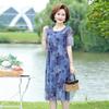 Women Summer Casual Dress Ladies Middle-aged Print Short Sleeve Pleated Dresses Female Vintage Mesh Yarn Floral Dress Vestidos