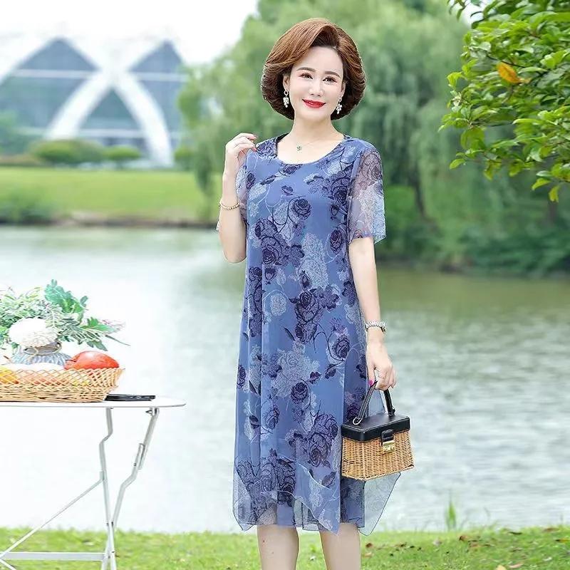Women Summer Casual Dress Ladies Middle-aged Print Short Sleeve Pleated Dresses Female Vintage Mesh Yarn Floral Dress Vestidos