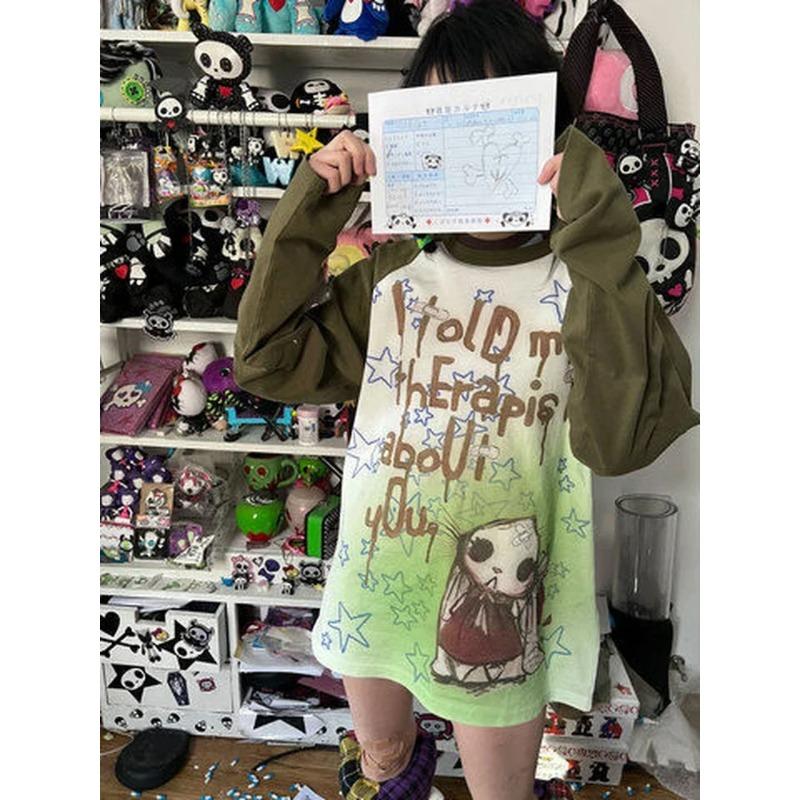Y2k Estetické tričko s dlouhým rukávem Ženy Punk Letter Kravata Dye Kreslený potisk Volný Grafický Tričko Pár Pohádkové Grunge Tričko