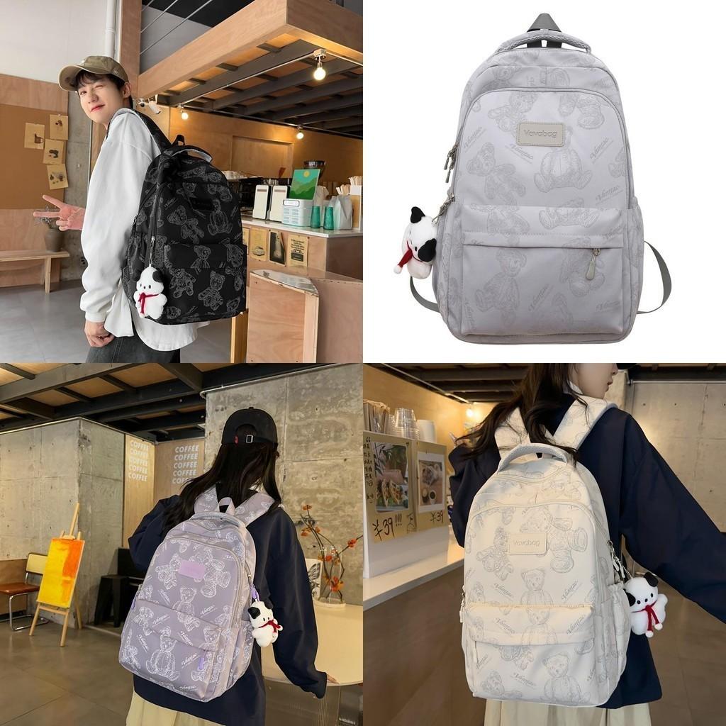 Cartoon Print Cute Bear Unisex Laptop Backpack For College High School Students Waterproof Nylon Material