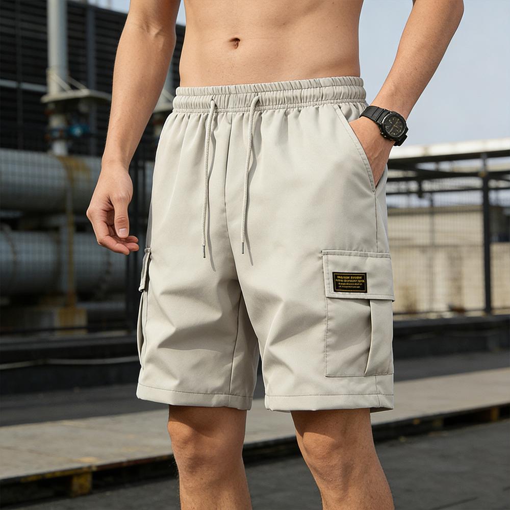 Summer Men's Solid Color Drawstring Cargo Shorts with Flap Pockets Casual Relaxed Athletic Fitness Training Multi-Pocket Bottoms