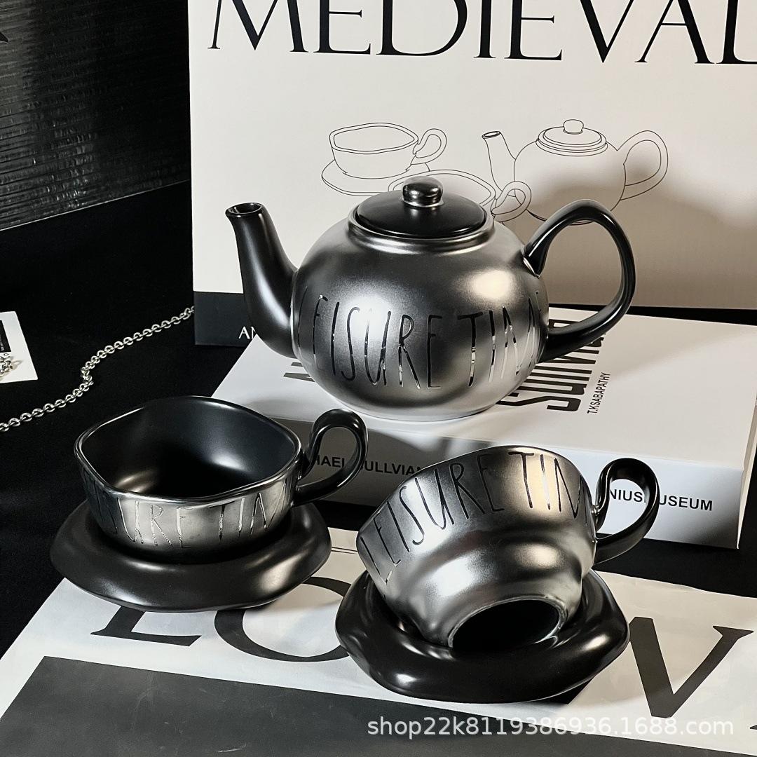 Premium Texture Dark Silver Matte Ceramic Cup Saucer Tea Coffee Set Tea Set Gift Housewarming Gift 1 pot, 2 cups and saucers + gift box