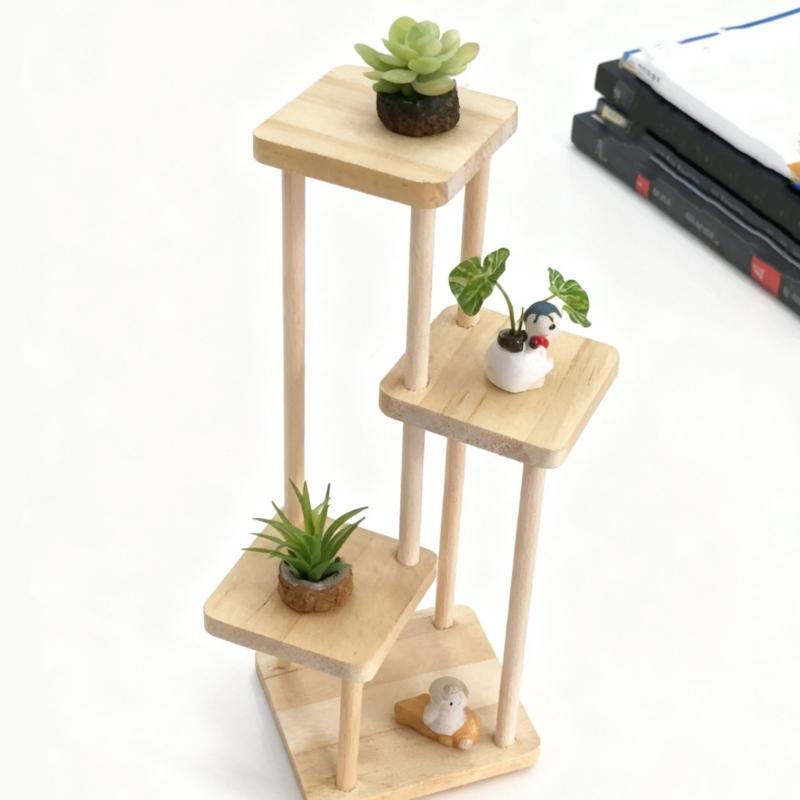 MultiLevel Flower Display Shelf For Miniature Plant And Scene Decoration Natural Wood Furniture Doll House Accessories