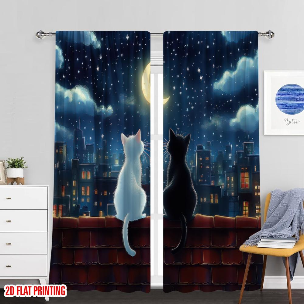 Room Darkening Flat Printing Curtain Cat Roof Polyester Birthday Party Perfect Bedroom Living Decoration Set Of 2 Made Washable Area Ready