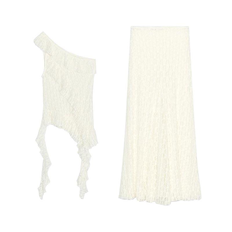 Lace Asymmetric Design Tops 5584365 Lace Translucent High Waist Simple Dress 5584366