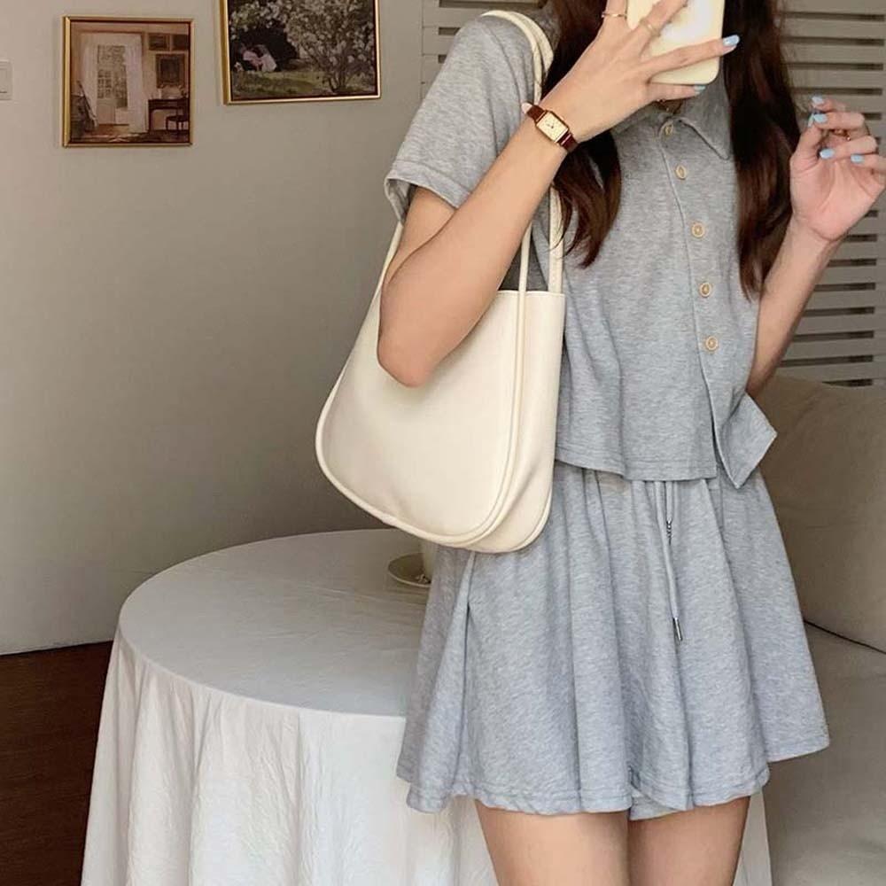 Anti-splash Water Solid Color Handbag Elegant French Underarm Bag Shopping Soft PU Tote Bag  Party