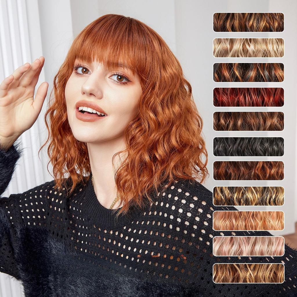 European and American Style Women Medium Length Wig Natural Looking Front Lace Heat Resistant Synthetic Fiber Small Curls Wig with Bangs