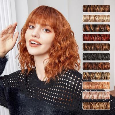 Perruque Mi-longue Style Européen et Américain pour Femmes Aspect Naturel Lace Front Fibre Synthétique Résistante à la Chaleur Perruque Bouclée avec Frange