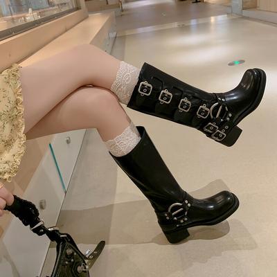 Kniehohe Mid Heels Mode Motorradstiefel Damenschuhe Winterhohe Stiefel Chunky Goth Knight Stiefel