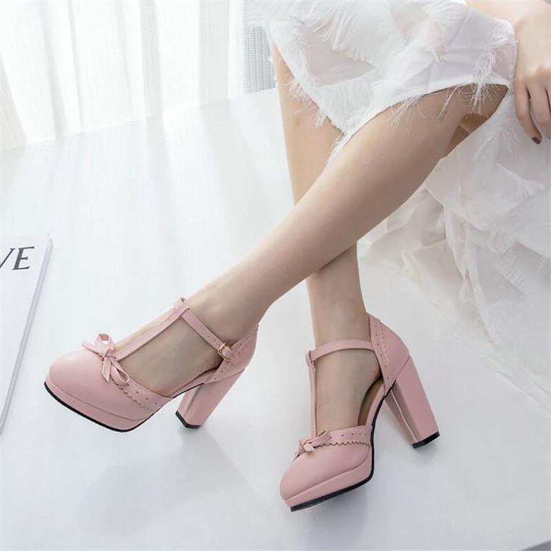 Girls' Shoes New Women Mary Janes Pumps T-Strap Women 8cm Spike Heels Shoes Bowtie Lolita Shoes Buckle Strap Wedding Bridal Shoe