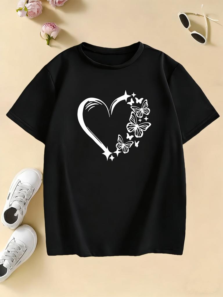 Graphic Casual Hoodies Love Heart with Butterfly T Shirts Kids Childrens Tshirt Boys Girls Summer Spring Top Tee Shirt