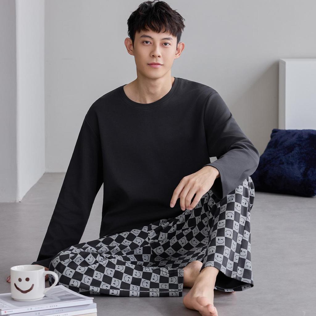 Men's Plus Size Pure Cotton Long-Sleeve Pajamas - Spring & Autumn Style for All Ages