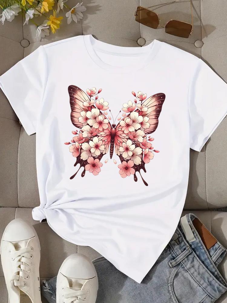 (Asian Size) Flower Watercolor Cute Women Clothing T Shirt Woman Top Fashion Female Short Sleeve Graphic T-shirts Print Tee
