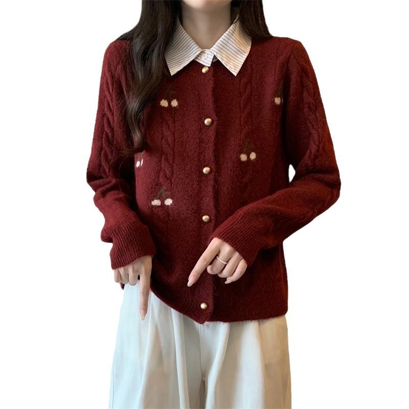 Women's Slimming Polo Neck Cardigan Sweater - College Style Short Knitwear for Spring/Autumn 2025