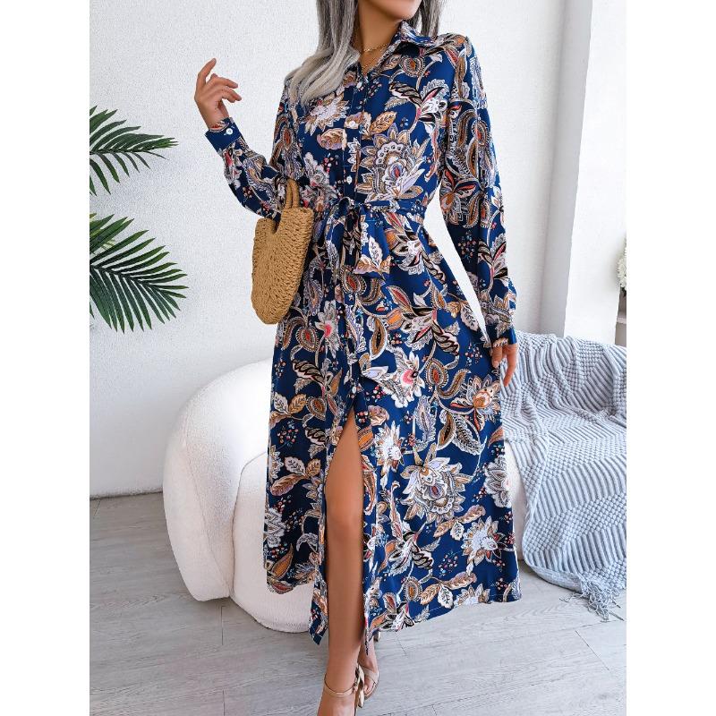 Women's Long Dress Summer Long Sleeve Vintage Floral Lapel Tied Shirt Dress Women Fashion Single Breasted Loose Casual Office Ladies Dresses