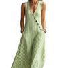 Spring Summer Sleeveless V Neck Striped Midi Dress Button Down Lazy Style Crossborder Women Dress