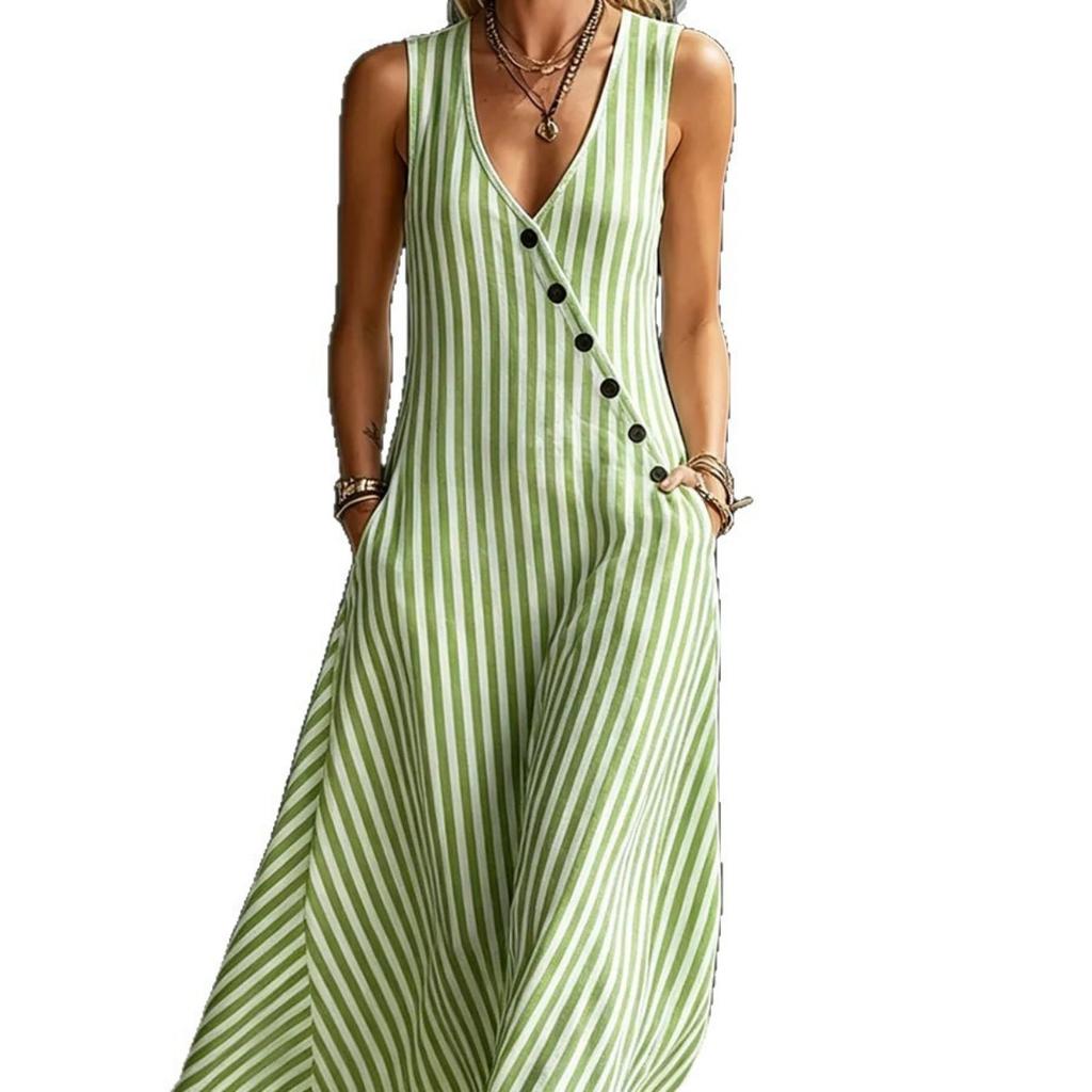 Spring Summer Sleeveless V Neck Striped Midi Dress Button Down Lazy Style Crossborder Women Dress