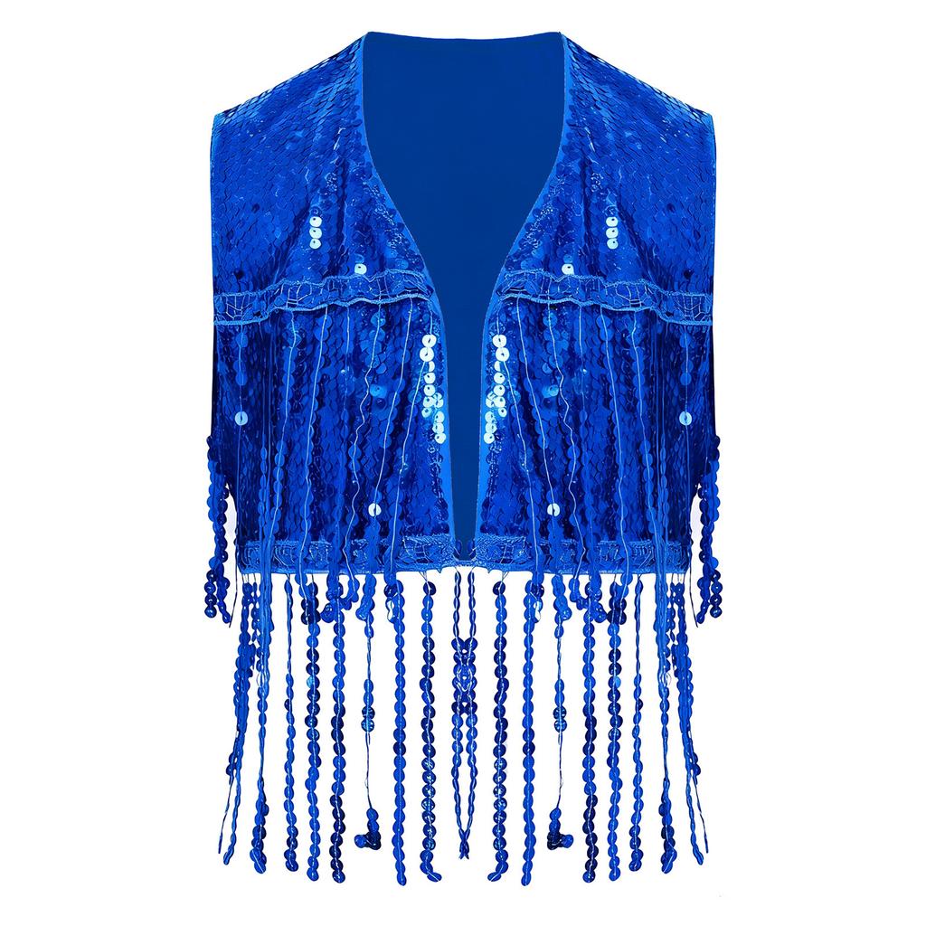 Girls Shiny Sequin Tassel Vest Sleeveless Open Front Fringed Crop Top Waistcoat for Jazz Dance