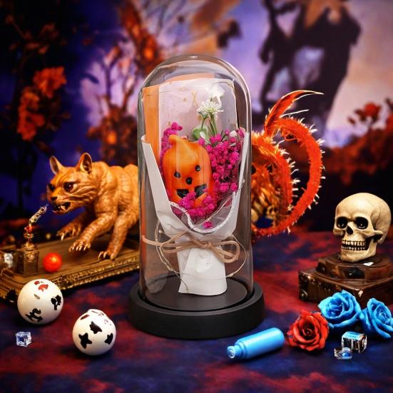 LED Clear Dome Pumpkin Night Light Halloween Light-up Pumpkin In Cloche with Artificial Flower for Home Kitchen Mantel Party Decor