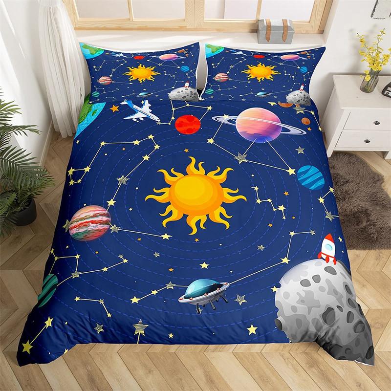 Galaxy Space Bedding Sets Kids Full/Queen/King Size, Blue Universe Adventure Stars Duvet Cover Sets For Boys Girls Teens Bedroom