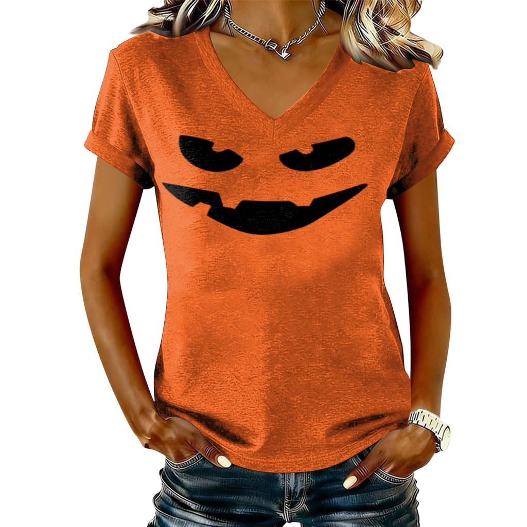 Maglione casual da donna a maniche corte con scollo a V e stampa di Halloween