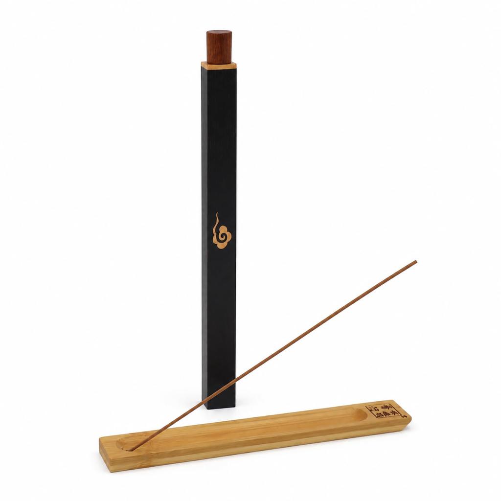 DONORISHA Wooden Incense Holder Set Black Vertical Storage with Sandalwood & Osmanthus Sticks Bamboo Ash Catcher 20 cm