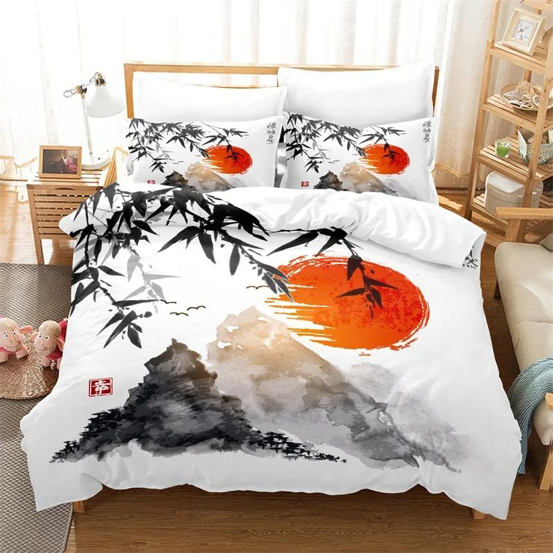 3D Oriental Ink Wash Painting Bedding Set, Bamboo Painting Print Duvet Cover with Pillowcases for Adults Teens