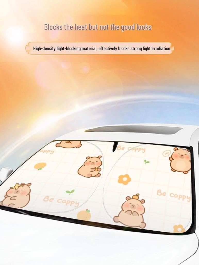Capybara Cartoon Double Ring Car Sunshade - Cute Car Heat Insulation Front Windshield Visor