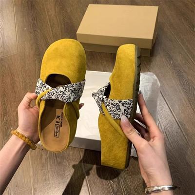 French Style Soft Bottom Slippers Comfortable Velvet Head Half Slippers Floral Color Block Women's Shoes Soft Bottom
