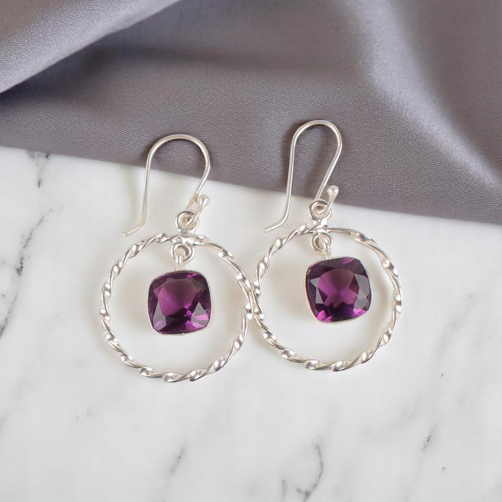 Amethyst Gemstone 925 Sterling Silver Jewelry Handmade Women Gift Earrings 1.60" EE-60-11