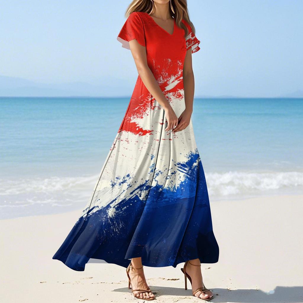 Women's Summer Casual Fashion Independence Day Printed Dresses V-Neck Short Sleeve Dresses