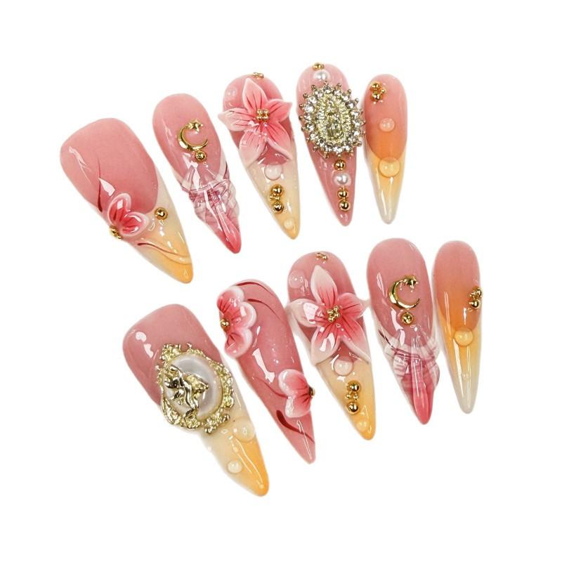 3D Floral Geprägte Französische Spitze Aufstecknägel Langer Spitzer Stil Süß Schick Gel-ähnliche Acrylnagelspitzen Damen
