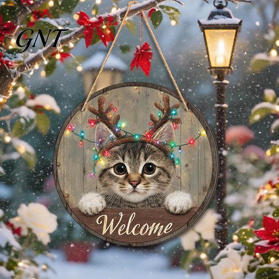 Front Entrance Decoration Wooden Christmas Welcome Sign, Animal Round Hanging Door Decor, Pet Theme Farmhouse Ornament for Window Garden Holiday Decor