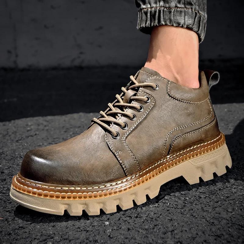 Fashion British Style Platform Work Shoes Men Boots Leather Men Autumn Winter High-top Casual Fashion Platform Plush Warm Boots Man