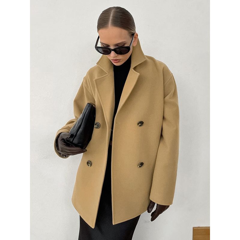 European and American 2025 Spring Female Outwear Lapel Long Sleeve Thick Double Breasted Brown Top