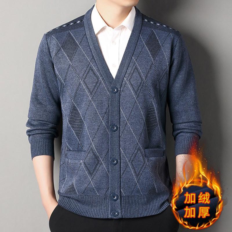 

Трендовая мода Осень Зима Свитера Пальто Мужские V-образный вырез Принт Винтовая вязка Утолщенный Смарт-кэжуал Длинный рукав Кардиган Вязаные топы XXXL