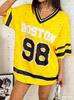 2025 Summer Women BOSTON NO.98 Print Lightweight Breathable V-Neck Short Sleeved Baseball T-Shirt Women Jersey T-Shirt