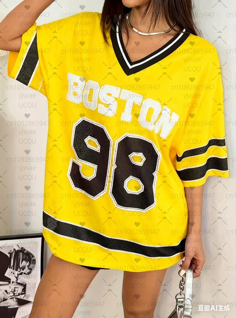 2025 Summer Women BOSTON NO.98 Print Lightweight Breathable V-Neck Short Sleeved Baseball T-Shirt Women Jersey T-Shirt