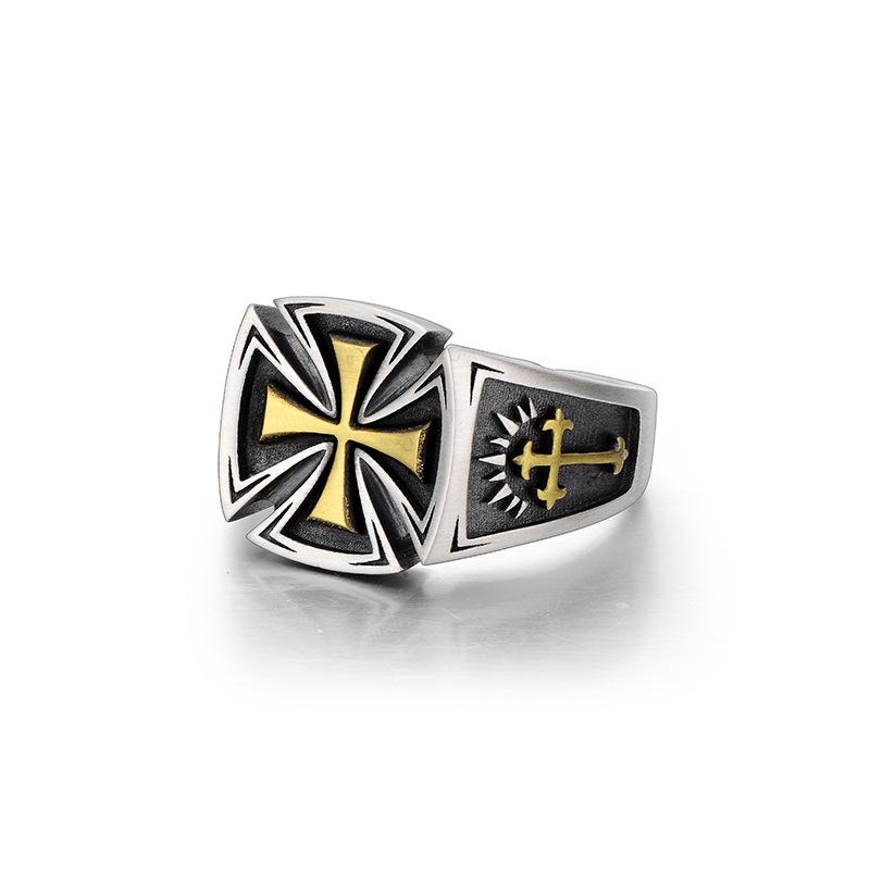 Retro Croix De Guerre Ring For Men Cross Accessories Zinc Alloy Color Punk Gothic Adjustable Open Ring Rock Handmade Unisex Zircon