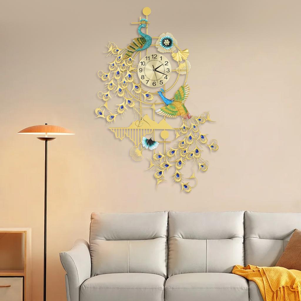 Large Peacock Iron Wall Clock,Gold Blue Art Wall Clocks 80*120cm Wall-mounted for Kitchen,Dining Room
