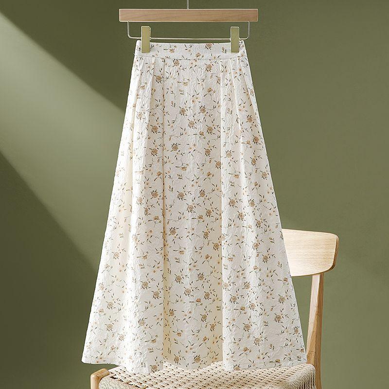 

Women s Summer High-Waisted Floral Print Mid-Length A-Line Skirt with Drapey Fabric Hip-Hiding Flared Umbrella Silhouette S абрикосовий