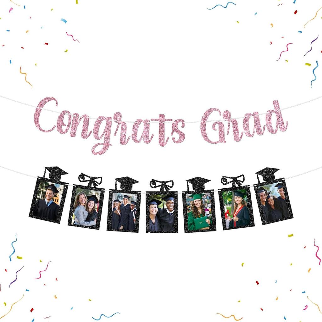 Senior Photo Banner Congrats Grad Paper Photo Frame High School College Graduation Bunting Decorations Congrats Senior Picture Banner Gold Glitter