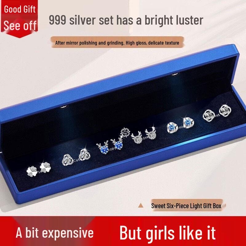 

999 Pure Silver Stud Earrings with Gift Box - Elegant Light Luxury for Girls, Perfect Christmas Gift. 999 Pure Silver