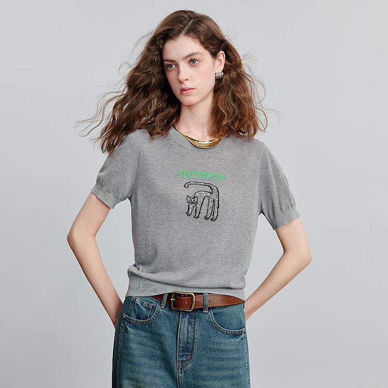 Chuyu 2025 Letní dámský top s krátkým rukávem s žakárovým vzorem písmene a kočky, imitace lnu