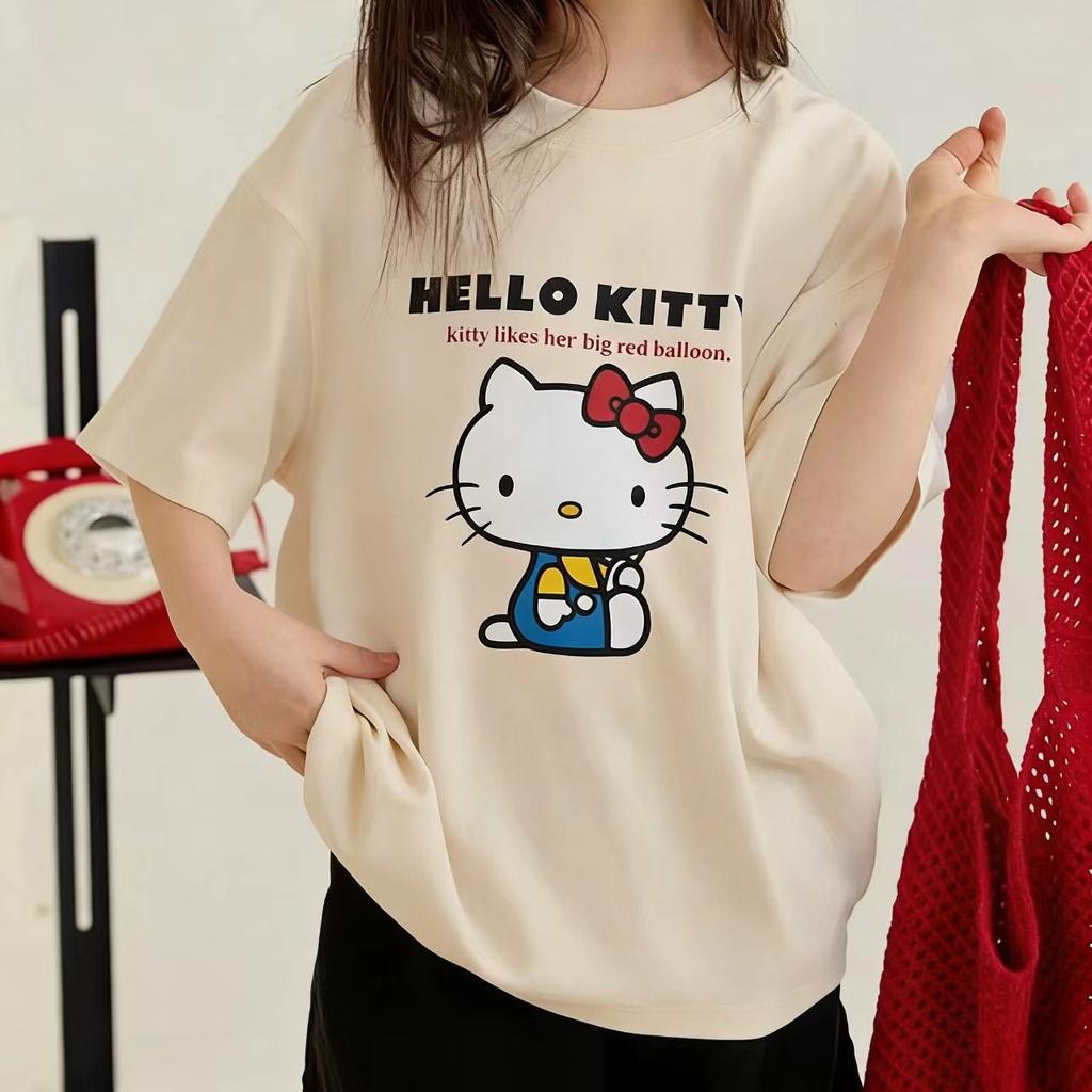 Hello Kitty Short Sleeve Tee Soft Cotton Casual Crew Neck Cute Cartoon Print Lightweight Summer Top for Women Daily Wear
