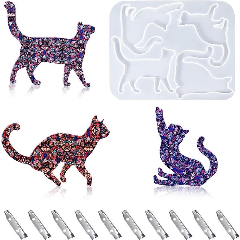 1Pack Cat Resin Mold Jewelry Casting Molds Brooch Mold Animal Silicone Mold Crystal Mold with 10pcs Brooch Pin for DIY Keychain