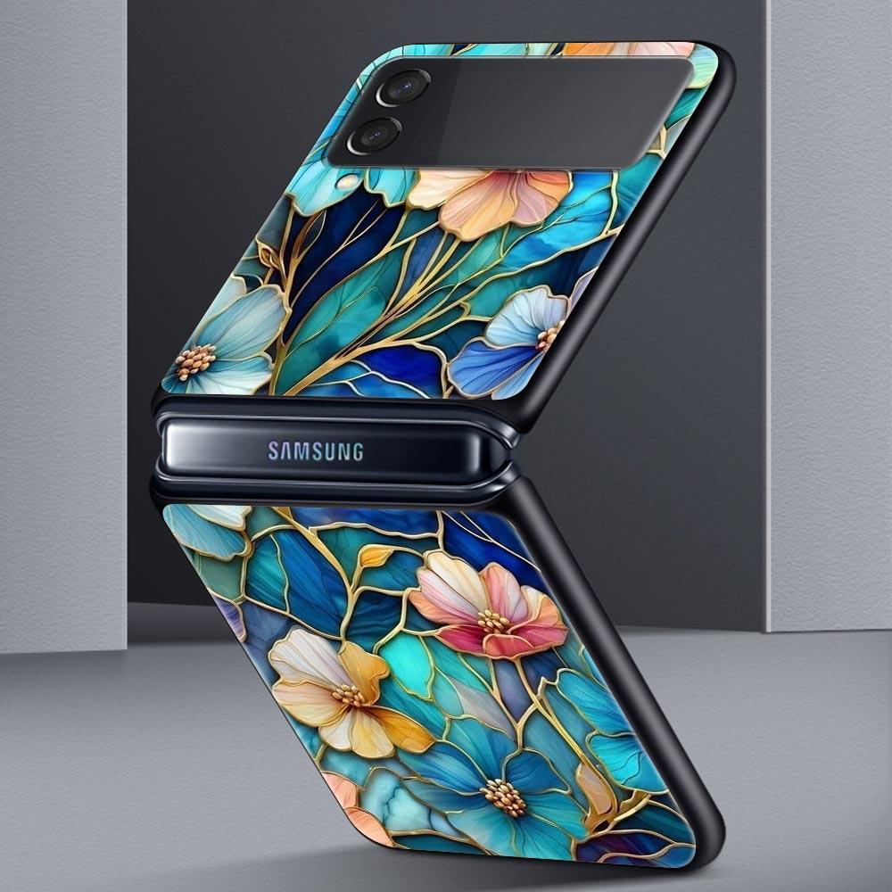 Phone Case for Samsung Galaxy Z Flip 3 4 5 6 7 Folding Shell For Samsung Z Flip4 Flip5 PC Hard Cover Flower marble Geometry