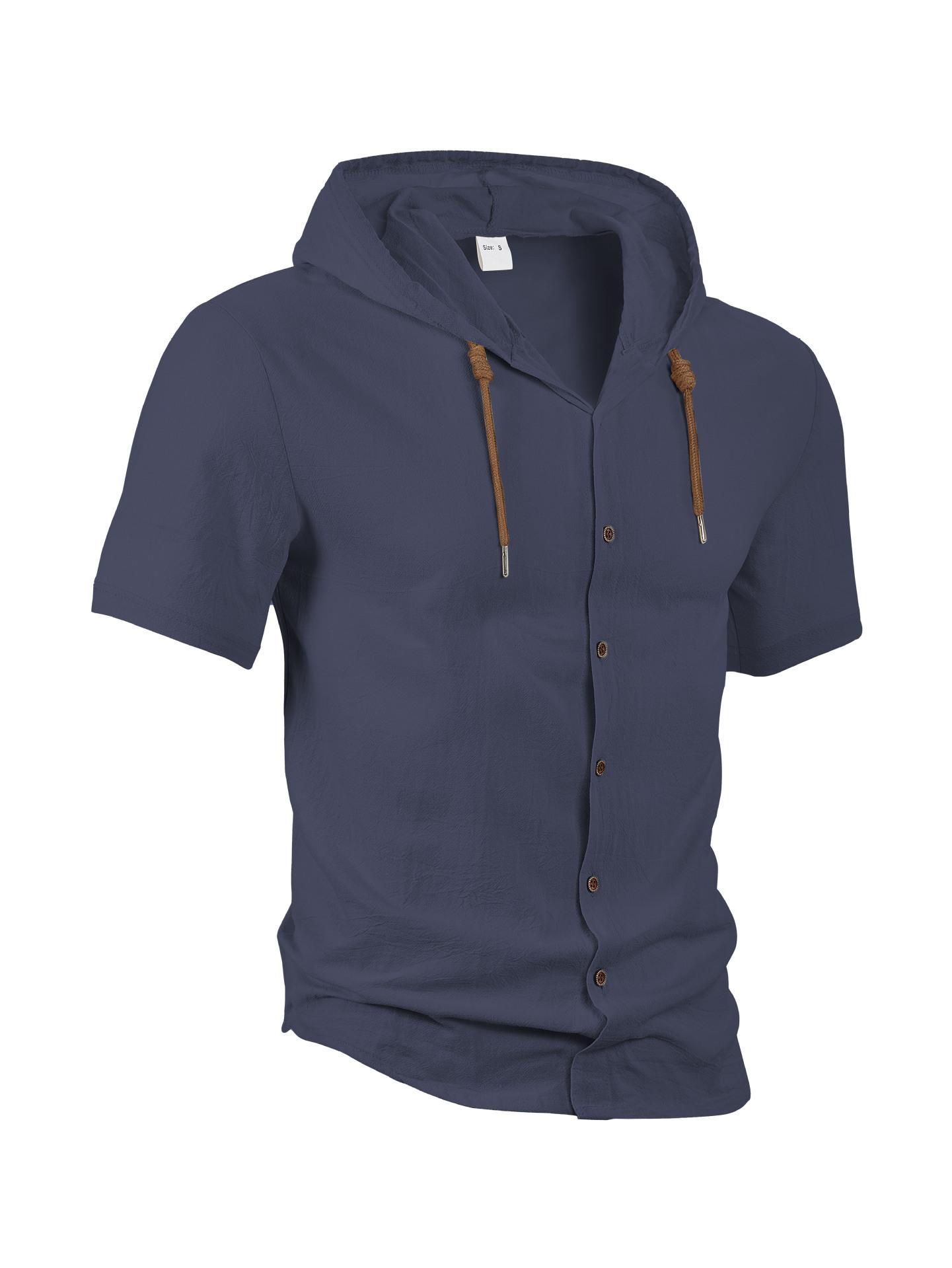 

American Linen Men s Shirt Fashionable Casual Summer Breathable Thin Hooded Short-sleeved Cardigan Jacket XXXL темно-синього кольору