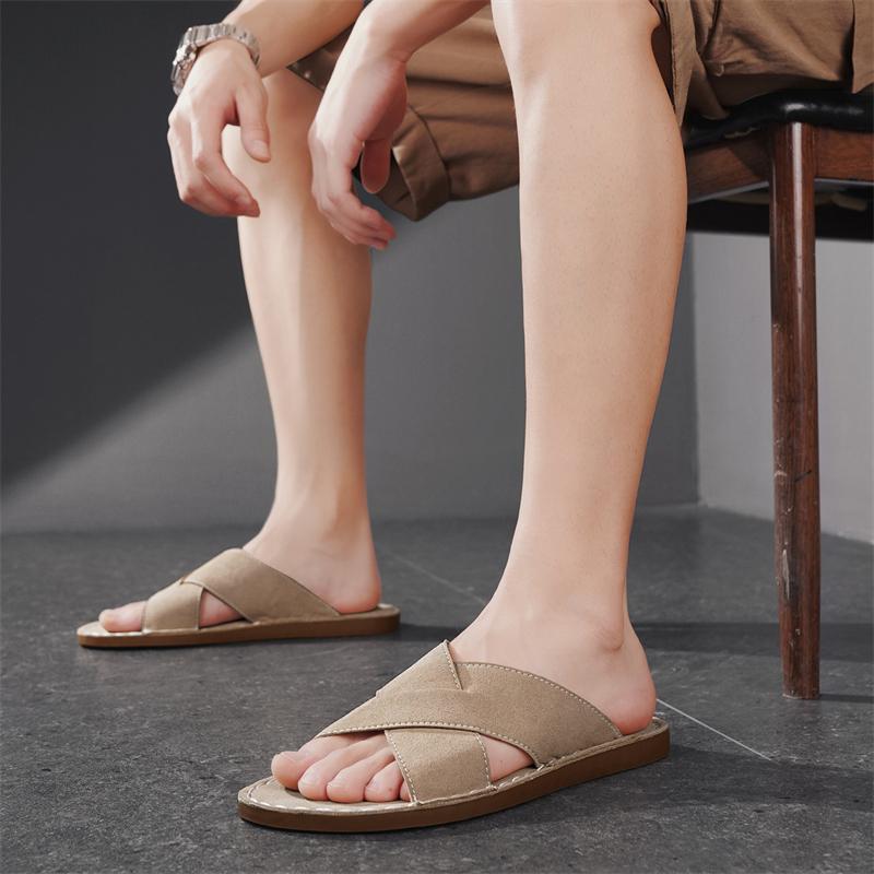 Men Slippers Handmade Simple Flats Brown Suede Sandals Summer Open Toe Beige Beach Shoes Plus Size